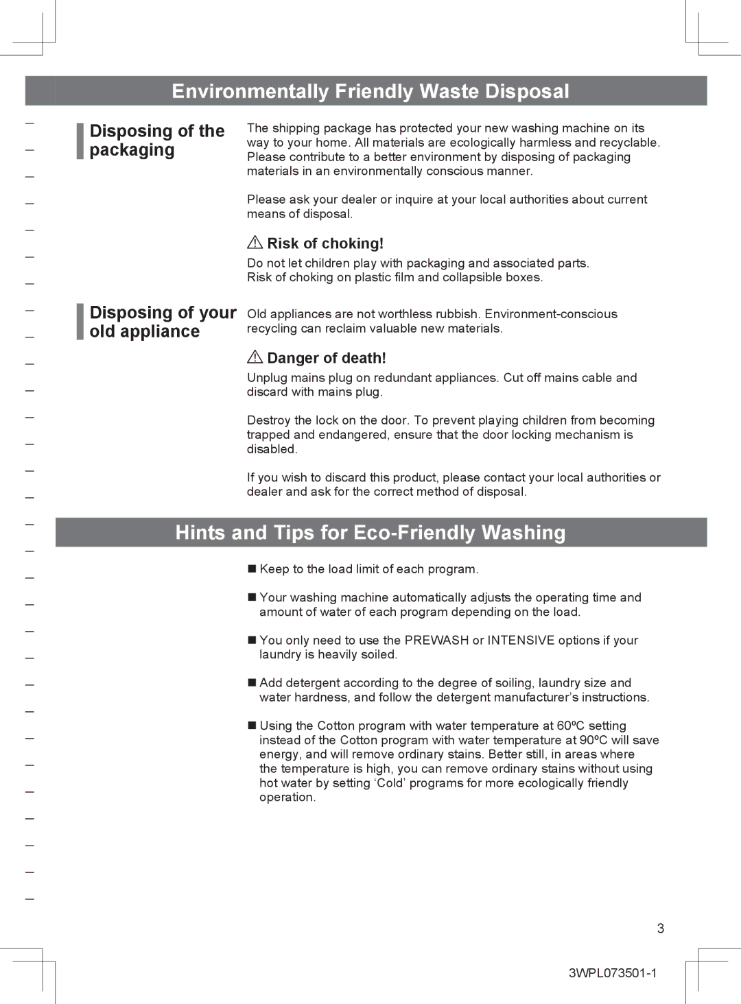 Hitachi BD-W80MV installation instructions Environmentally Friendly Waste Disposal, Hints and Tips for Eco-Friendly Washing 