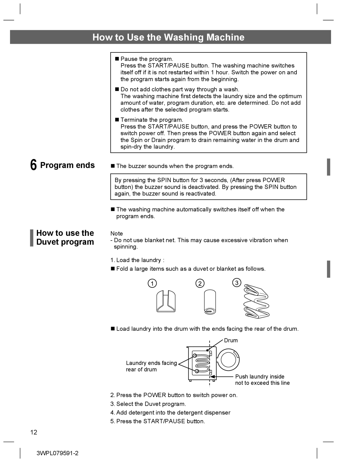 Hitachi BD-W80PAE installation instructions Program ends How to use the Duvet program 