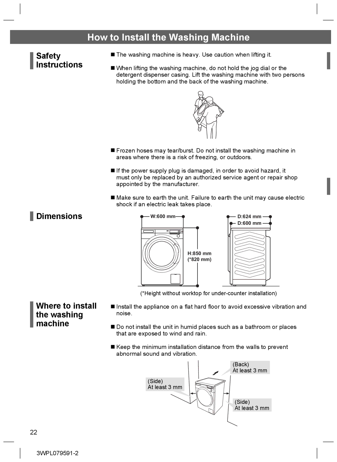 Hitachi BD-W80PAE How to Install the Washing Machine, Safety Instructions Dimensions, Where to install the washing machine 