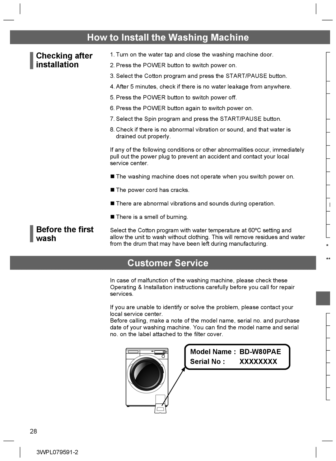 Hitachi Customer Service, Checking after installation Before the ﬁrst wash, Model Name BD-W80PAE Serial No 