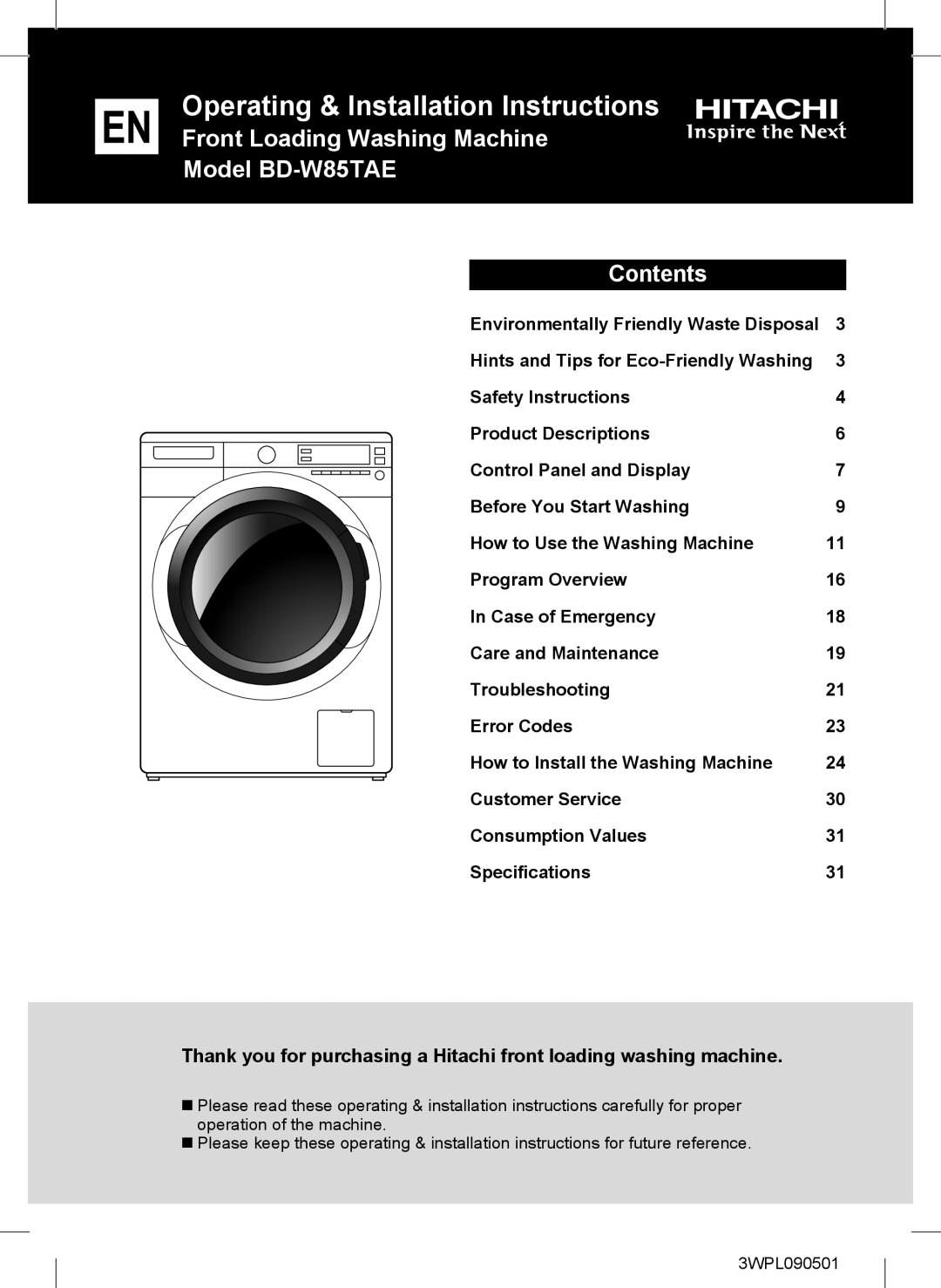 Hitachi BD-W85TAE installation instructions Operating & Installation Instructions 