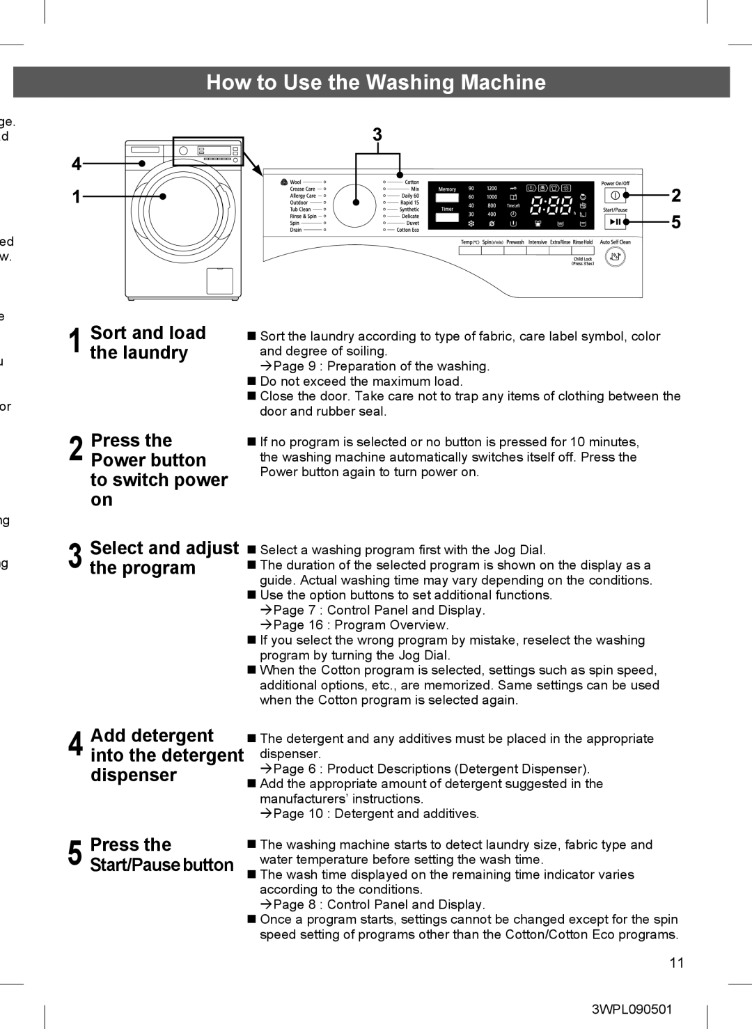 Hitachi BD-W85TAE How to Use the Washing Machine, Add detergent into the detergent dispenser, Press the Start/Pausebutton 