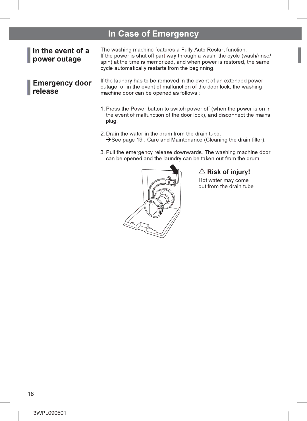 Hitachi BD-W85TAE installation instructions Case of Emergency, Event of a power outage Emergency door release 