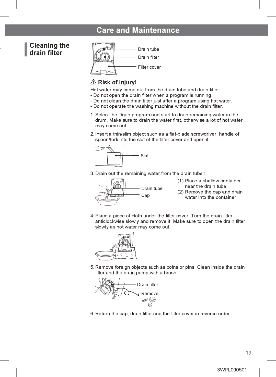 Hitachi BD-W85TAE installation instructions Care and Maintenance, Cleaning the drain filter 