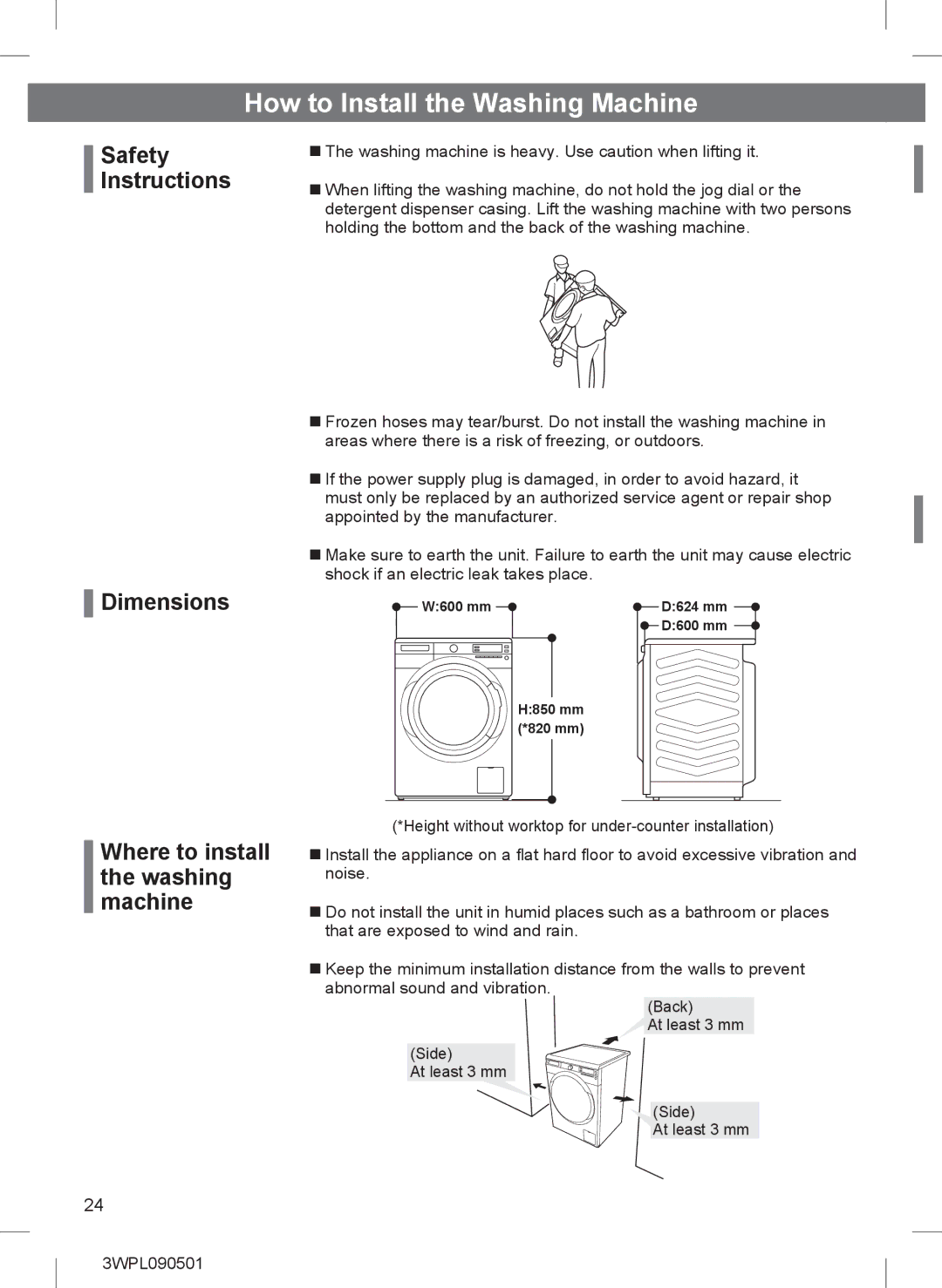 Hitachi BD-W85TAE installation instructions How to Install the Washing Machine 