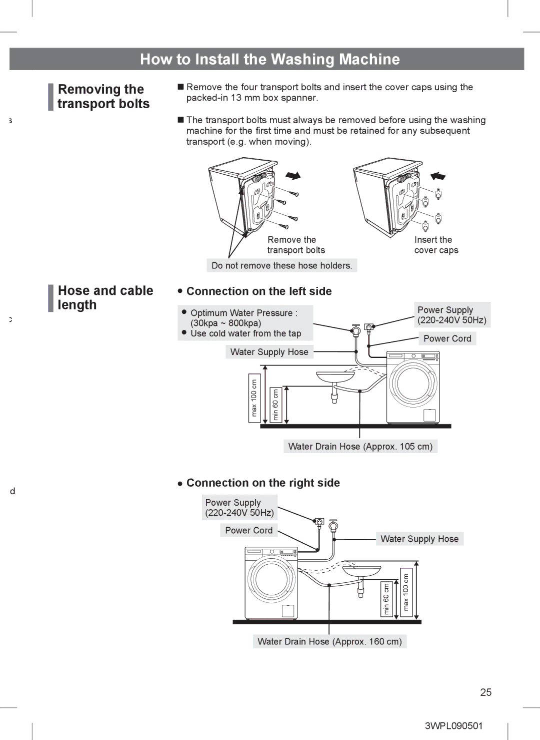 Hitachi BD-W85TAE Removing the transport bolts, Hose and cable, Length, Connection on the right side 