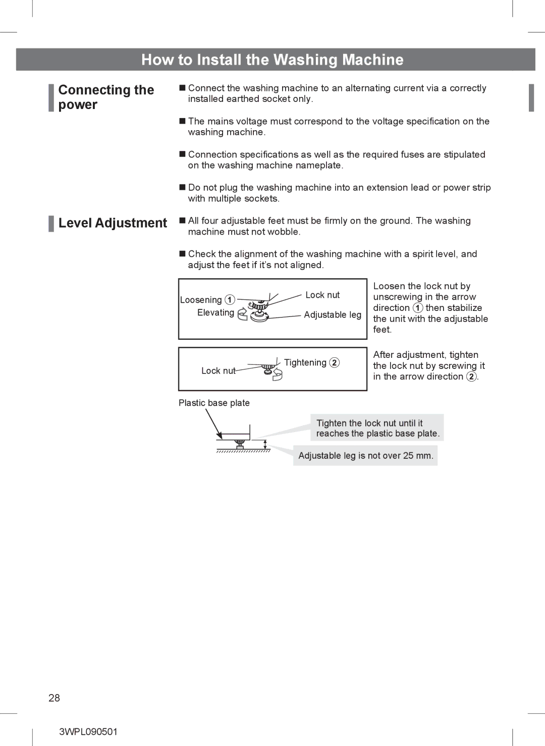 Hitachi BD-W85TAE installation instructions Connecting the power Level Adjustment 