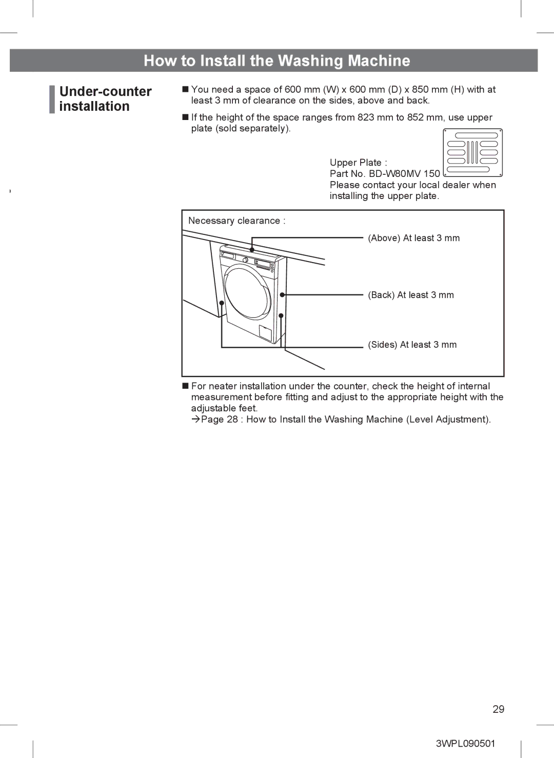 Hitachi BD-W85TAE installation instructions Under-counter installation 