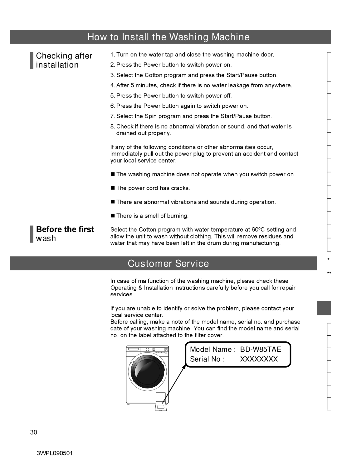 Hitachi Customer Service, Checking after installation Before the first wash, Model Name BD-W85TAE Serial No 