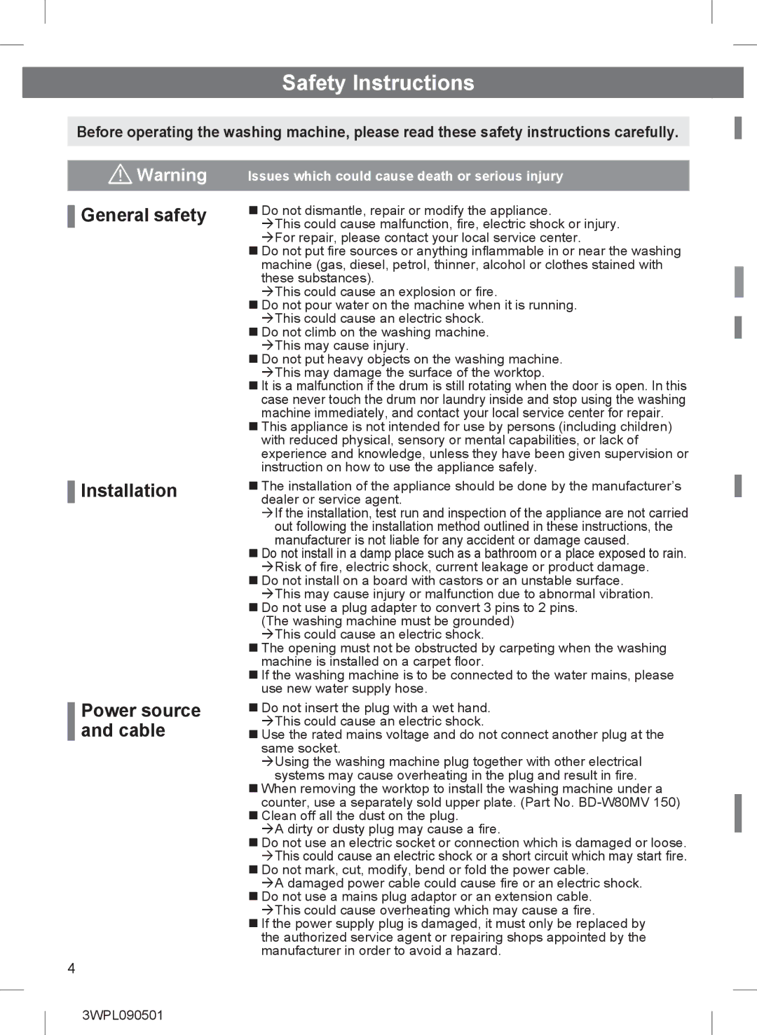 Hitachi BD-W85TAE installation instructions Safety Instructions, General safety Installation Power source and cable 