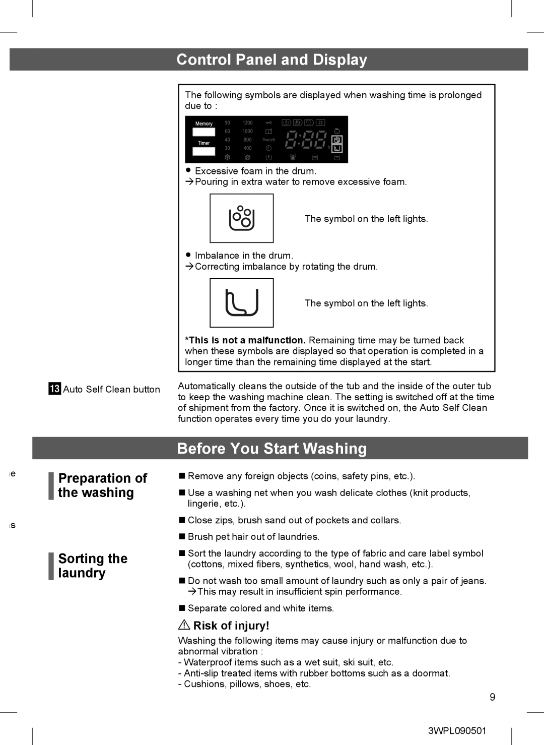 Hitachi BD-W85TAE Before You Start Washing, Preparation of the washing Sorting the laundry, Risk of injury 