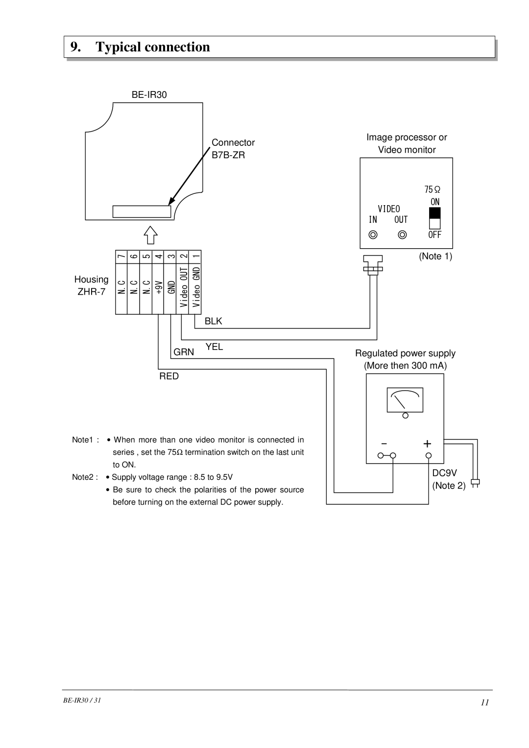 Hitachi BE-IR31, BE-IR30 manual Typical connection, Blk Grn Yel Red 