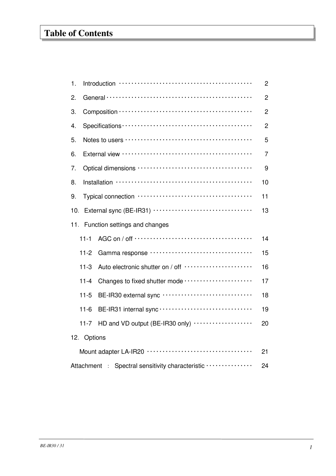 Hitachi BE-IR31, BE-IR30 manual Table of Contents 