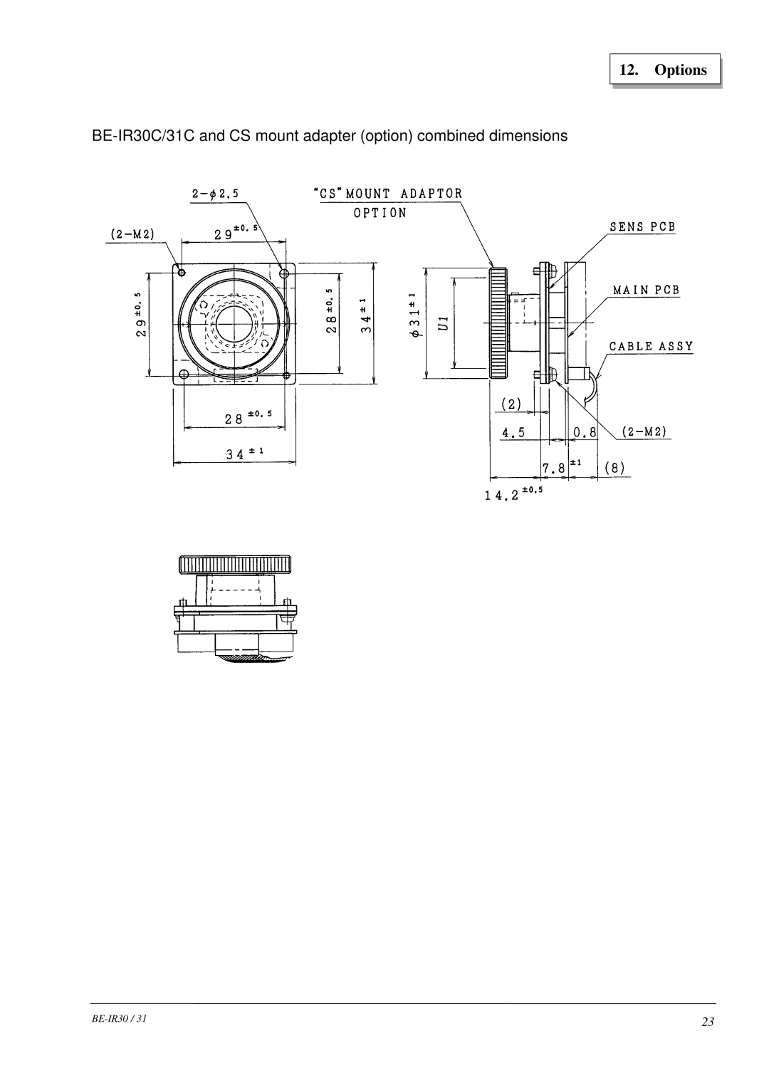 Hitachi BE-IR31 manual BE-IR30C/31C and CS mount adapter option combined dimensions 