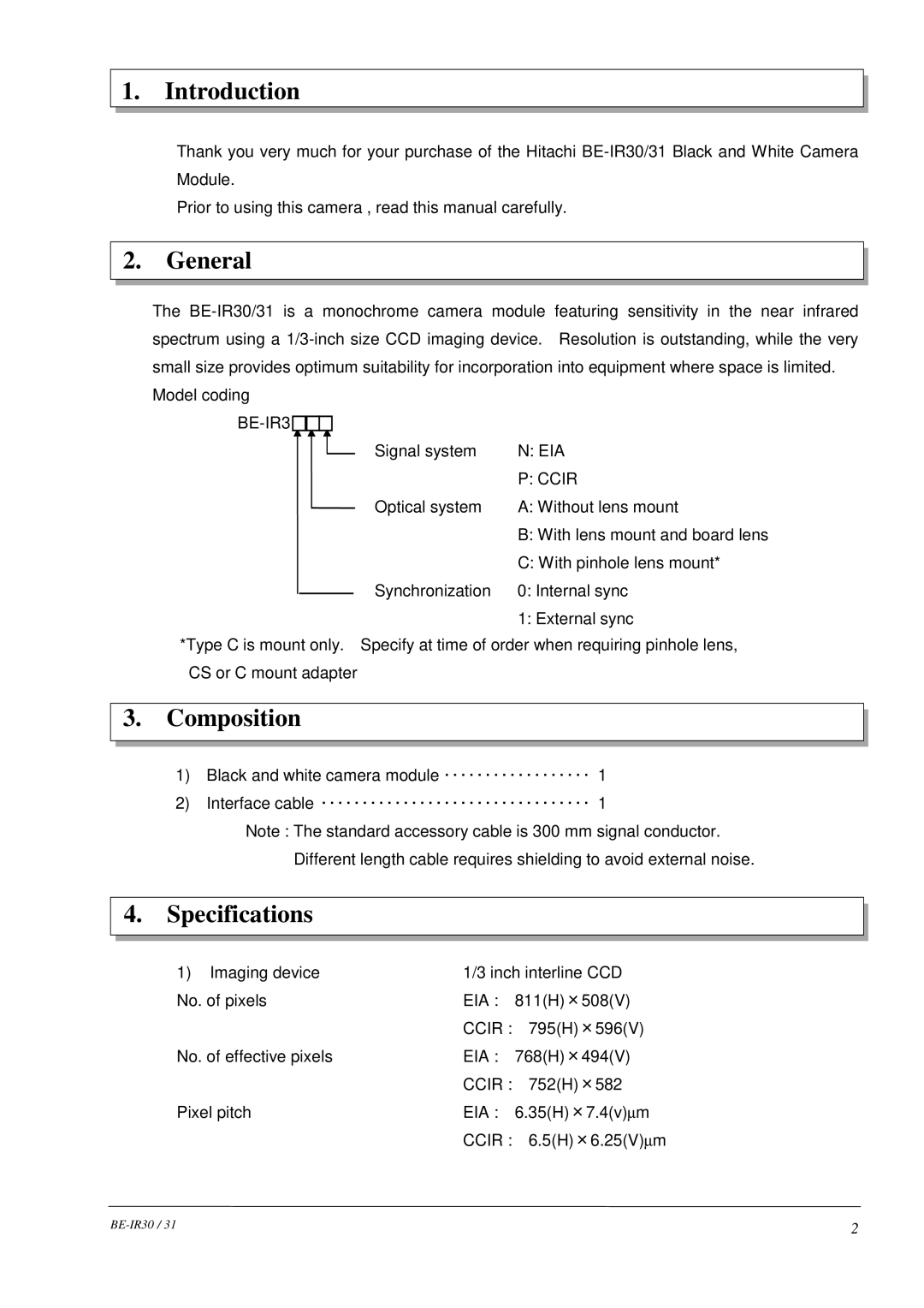 Hitachi BE-IR30, BE-IR31 manual Introduction, General, Composition, Specifications 