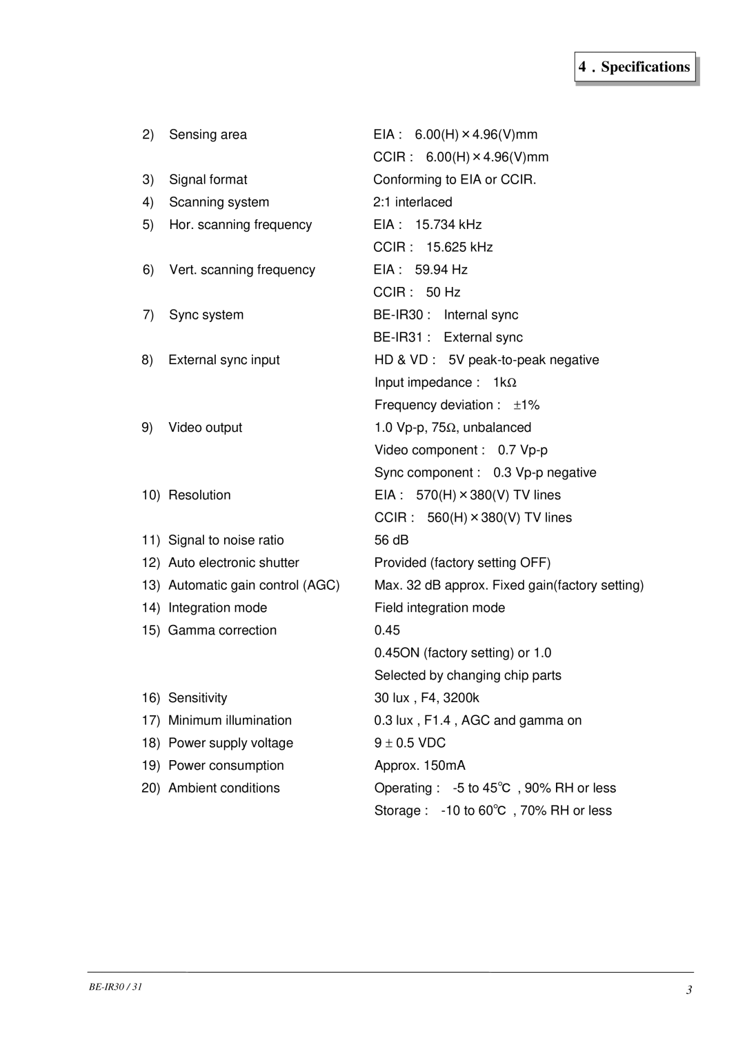 Hitachi BE-IR31, BE-IR30 manual ．Specifications 