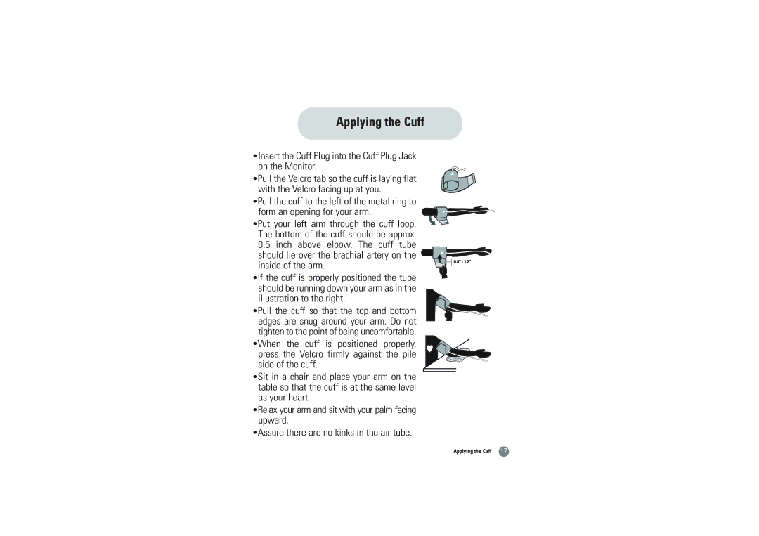 Hitachi BVA-2007 owner manual Applying the Cuff, Insert the Cuff Plug into the Cuff Plug Jack on the Monitor 