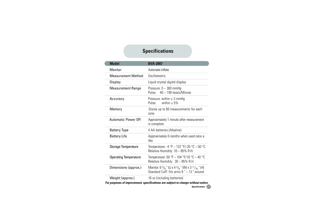 Hitachi owner manual Specifications, Model BVA-2007 