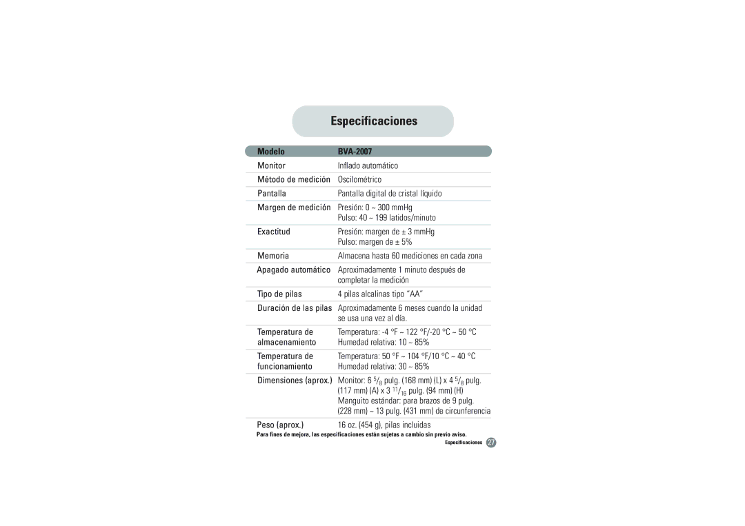 Hitachi owner manual Especificaciones, Modelo BVA-2007 