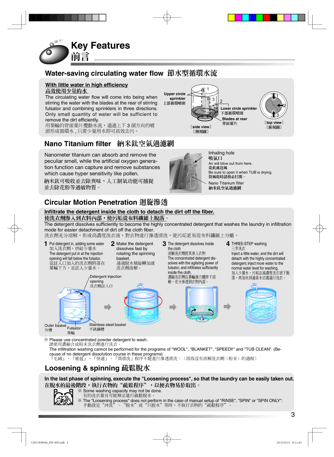 Hitachi BW-80S Key Features, Water-saving circulating water ﬂow 節水型循環水流, Nano Titanium filter, Loosening & spinning 疏鬆脫水 