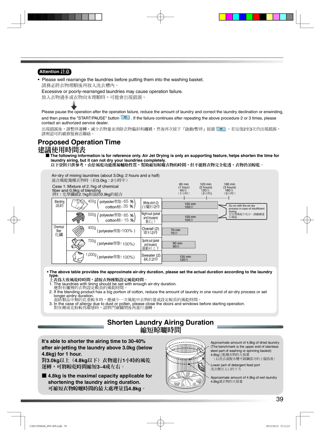 Hitachi BW-80S user manual Proposed Operation Time, 建議使用時間表, Shorten Laundry Airing Duration, 縮短晾曬時間 