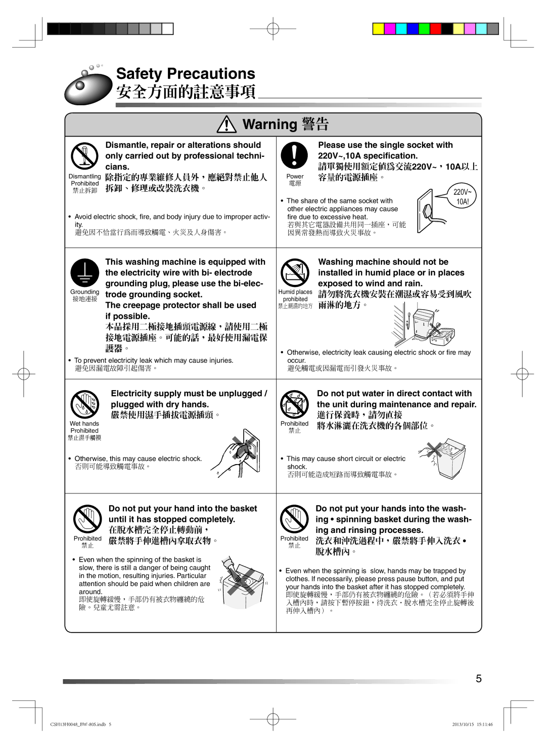 Hitachi BW-80S user manual Safety Precautions, 安全方面的註意事項 