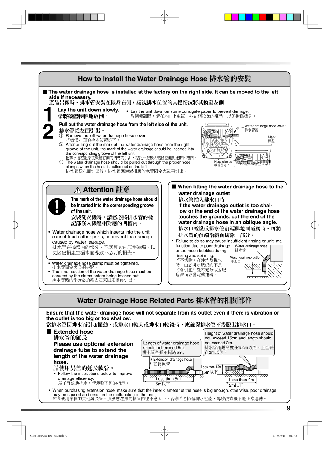 Hitachi BW-80S user manual How to Install the Water Drainage Hose 排水管的安裝, Water Drainage Hose Related Parts 排水管的相關部件 