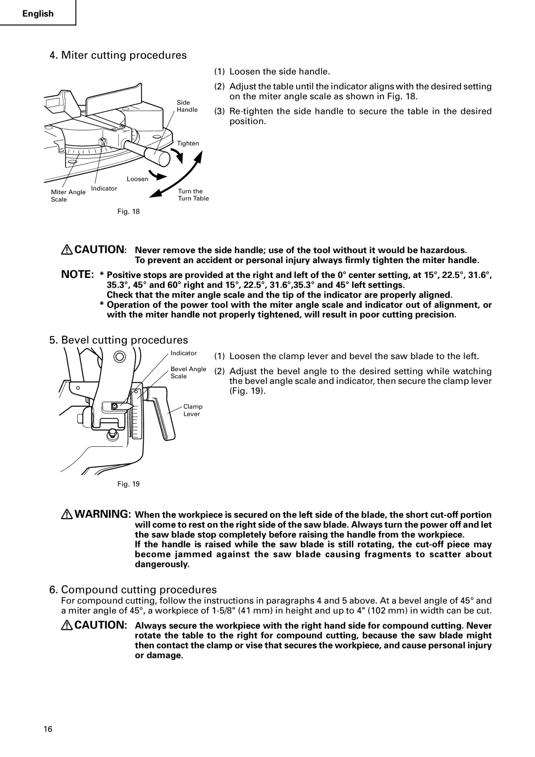 Hitachi C 10FCB instruction manual Miter cutting procedures, Bevel cutting procedures, Compound cutting procedures 