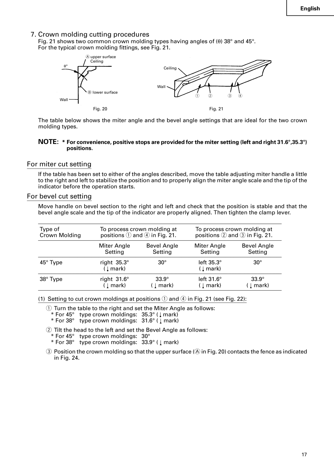 Hitachi C 10FCB instruction manual Crown molding cutting procedures, For miter cut setting, For bevel cut setting 