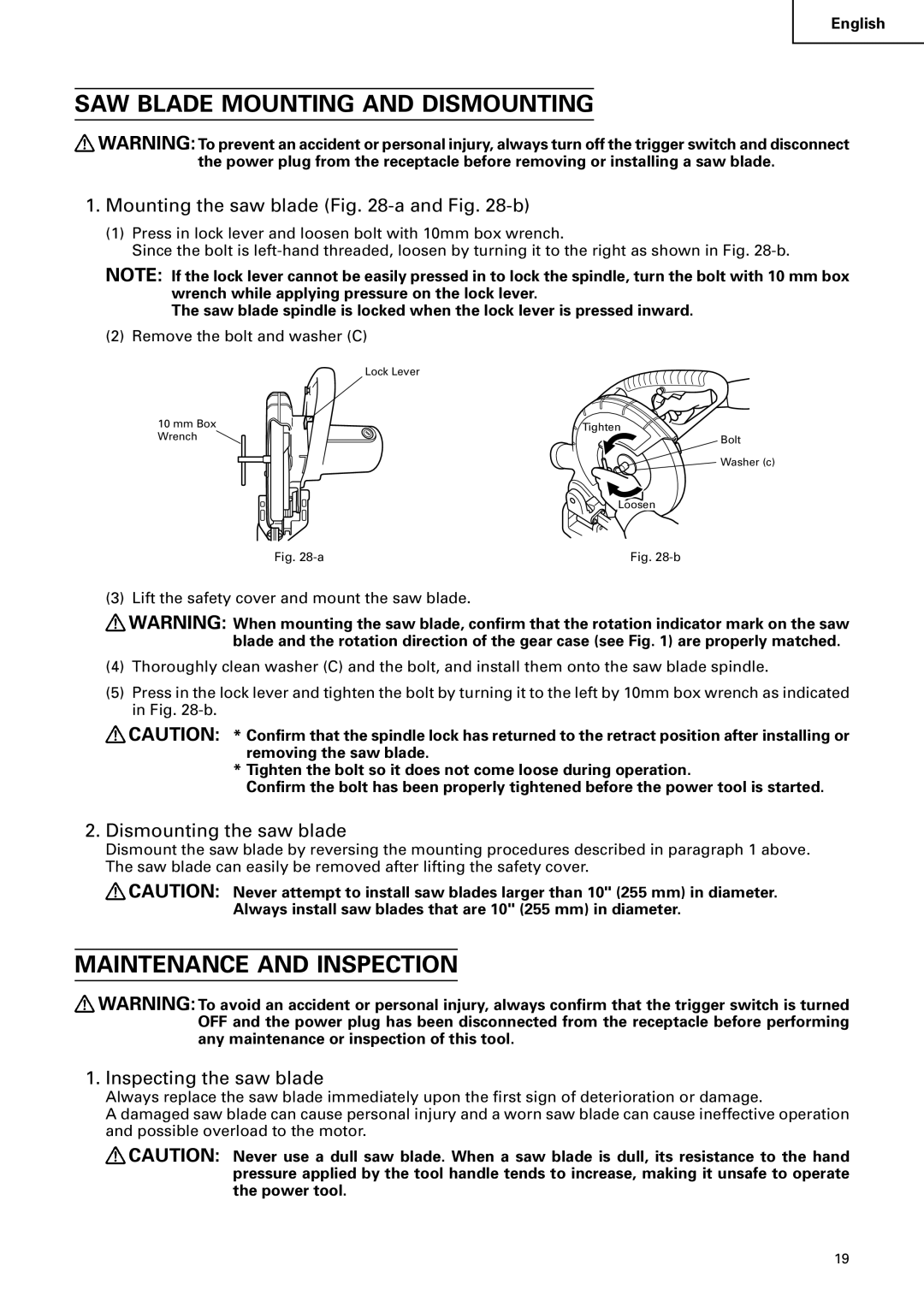 Hitachi C 10FCB SAW Blade Mounting and Dismounting, Maintenance and Inspection, Mounting the saw blade -a and -b 