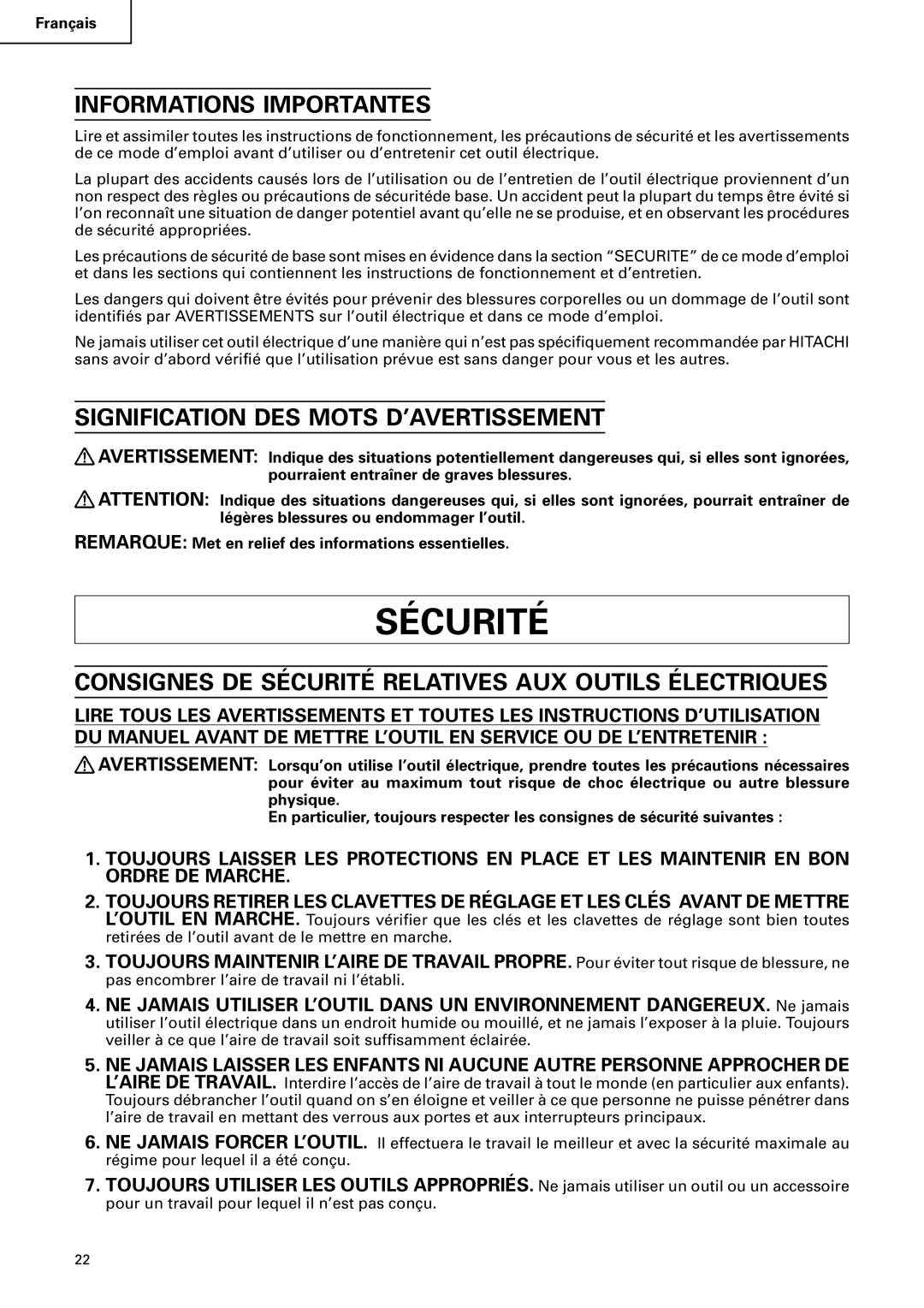 Hitachi C 10FCB instruction manual Informations Importantes, Signification DES Mots D’AVERTISSEMENT 