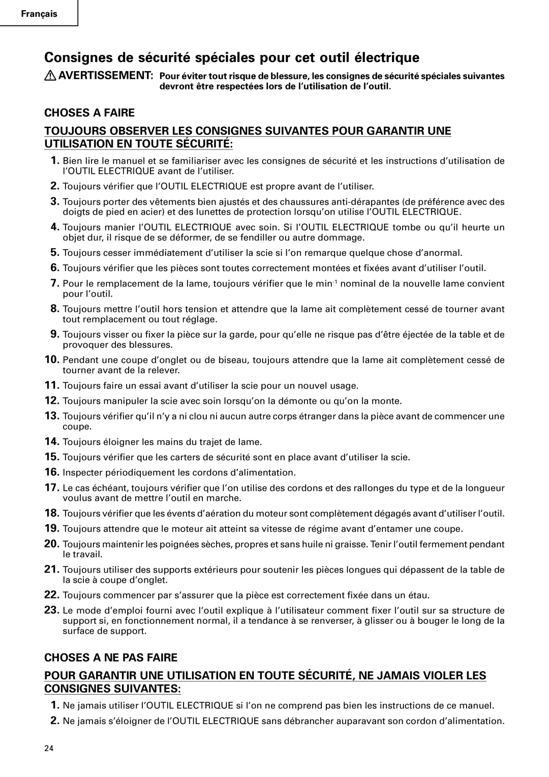 Hitachi C 10FCB instruction manual Consignes de sécurité spéciales pour cet outil électrique 