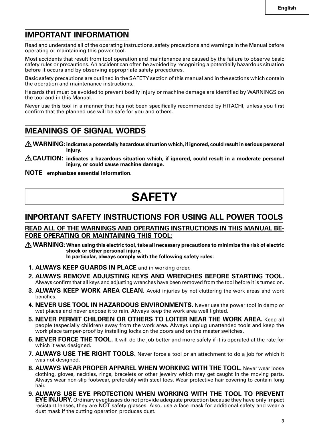 Hitachi C 10FCB Important Information, Meanings of Signal Words, Inportant Safety Instructions for Using ALL Power Tools 