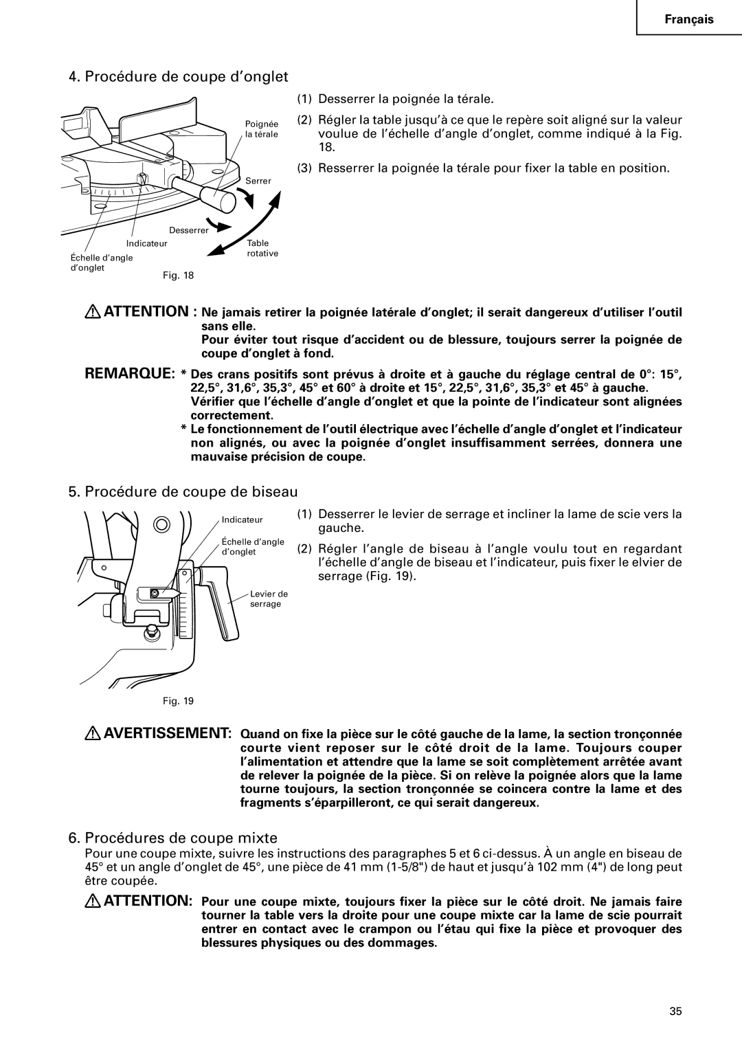 Hitachi C 10FCB instruction manual Procédure de coupe d’onglet, Procédure de coupe de biseau, Procédures de coupe mixte 