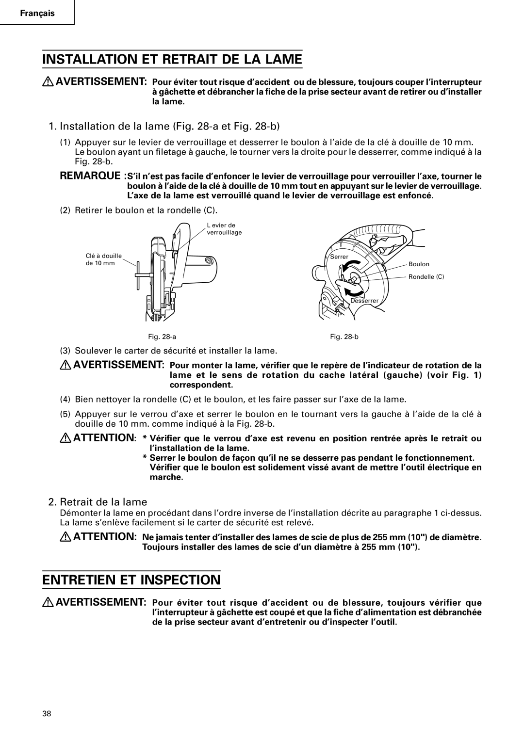 Hitachi C 10FCB Installation ET Retrait DE LA Lame, Entretien ET Inspection, Installation de la lame -a et -b 