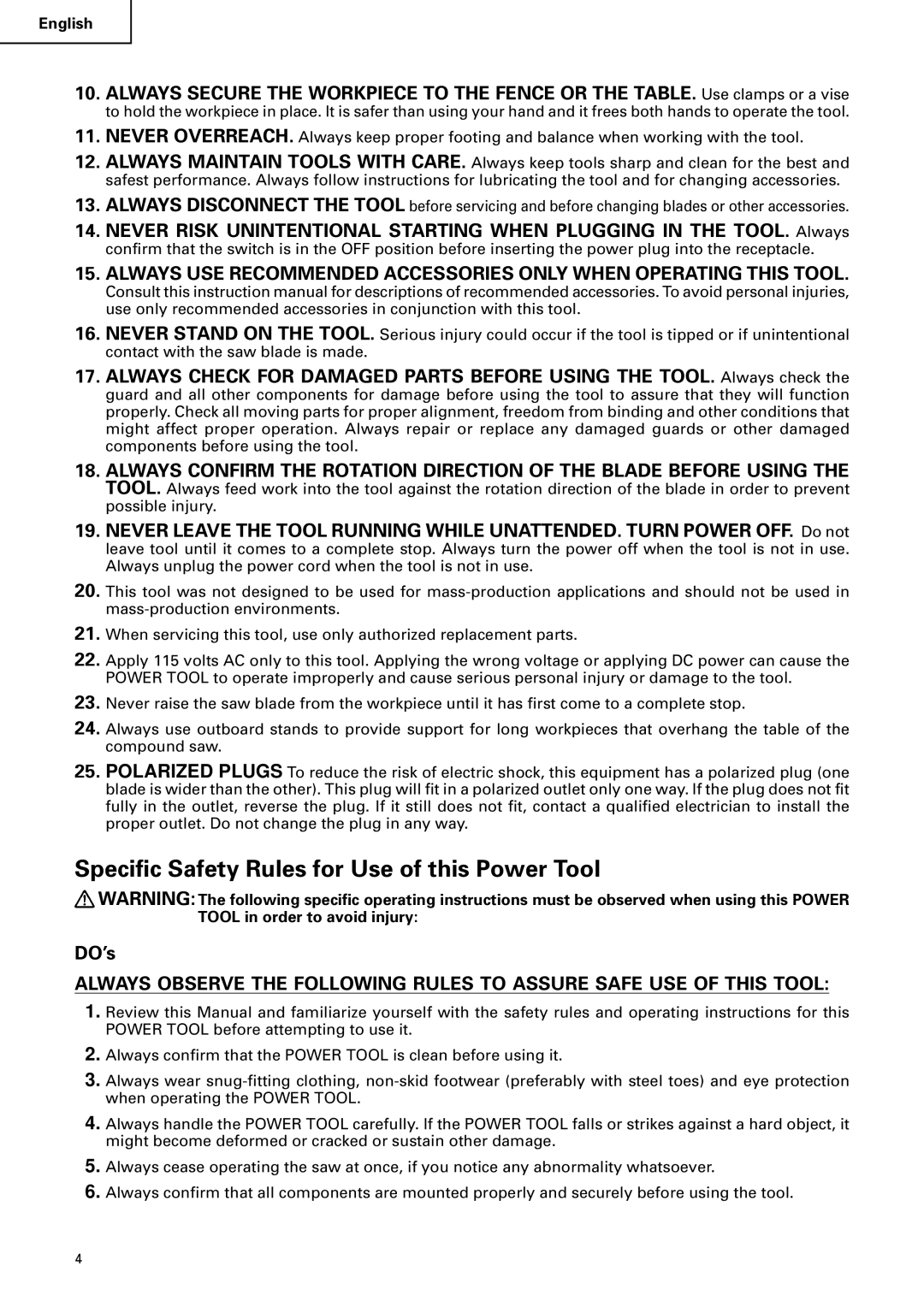 Hitachi C 10FCB instruction manual Specific Safety Rules for Use of this Power Tool 