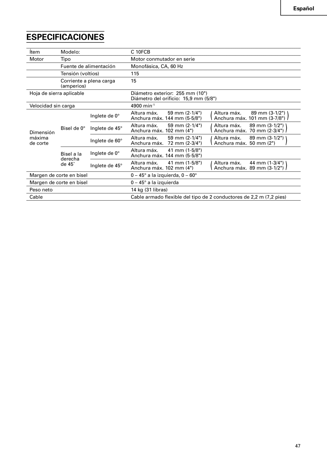 Hitachi C 10FCB instruction manual Especificaciones 