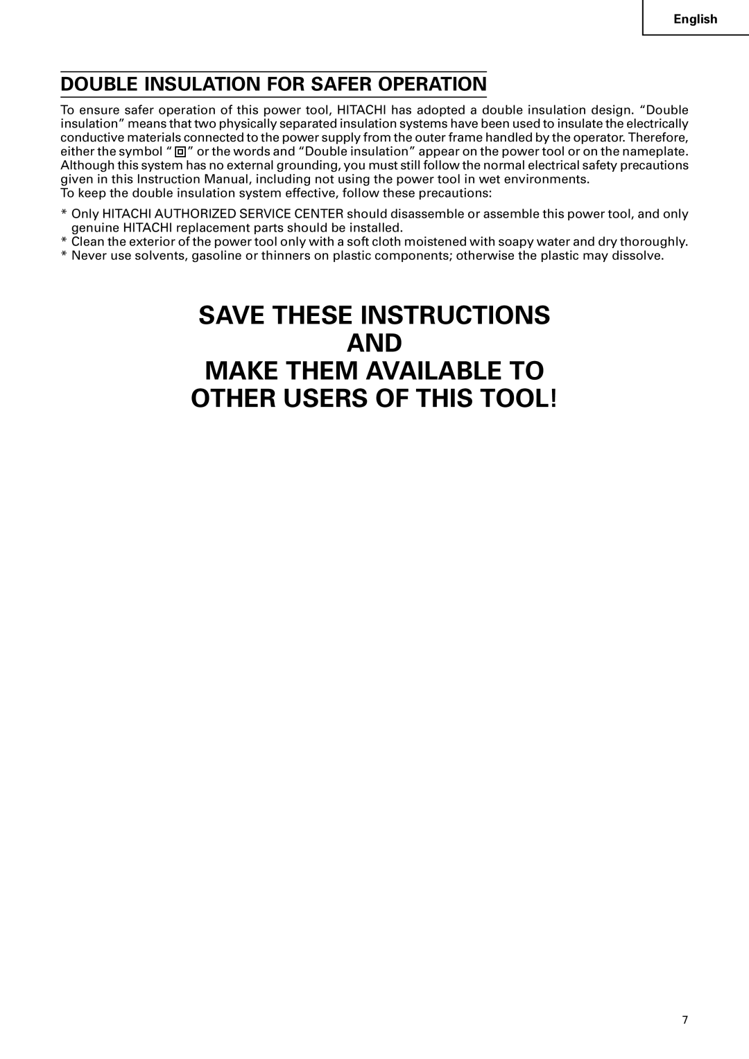 Hitachi C 10FCB instruction manual Double Insulation for Safer Operation 