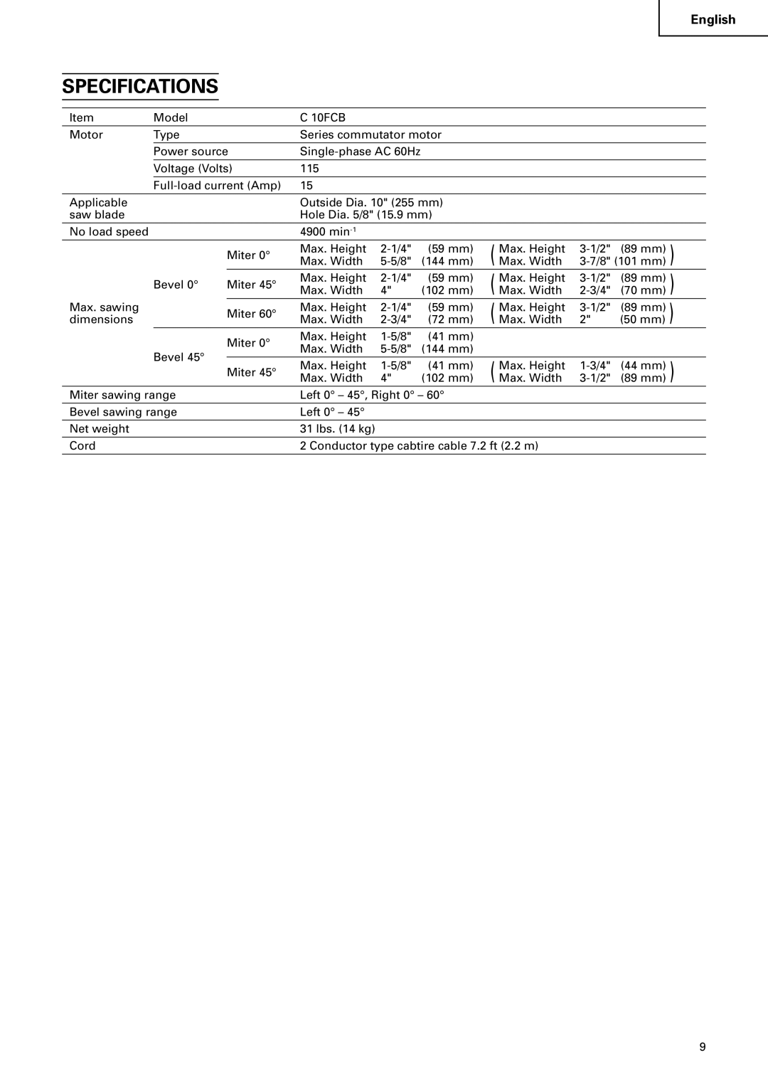 Hitachi C 10FCB instruction manual Specifications 