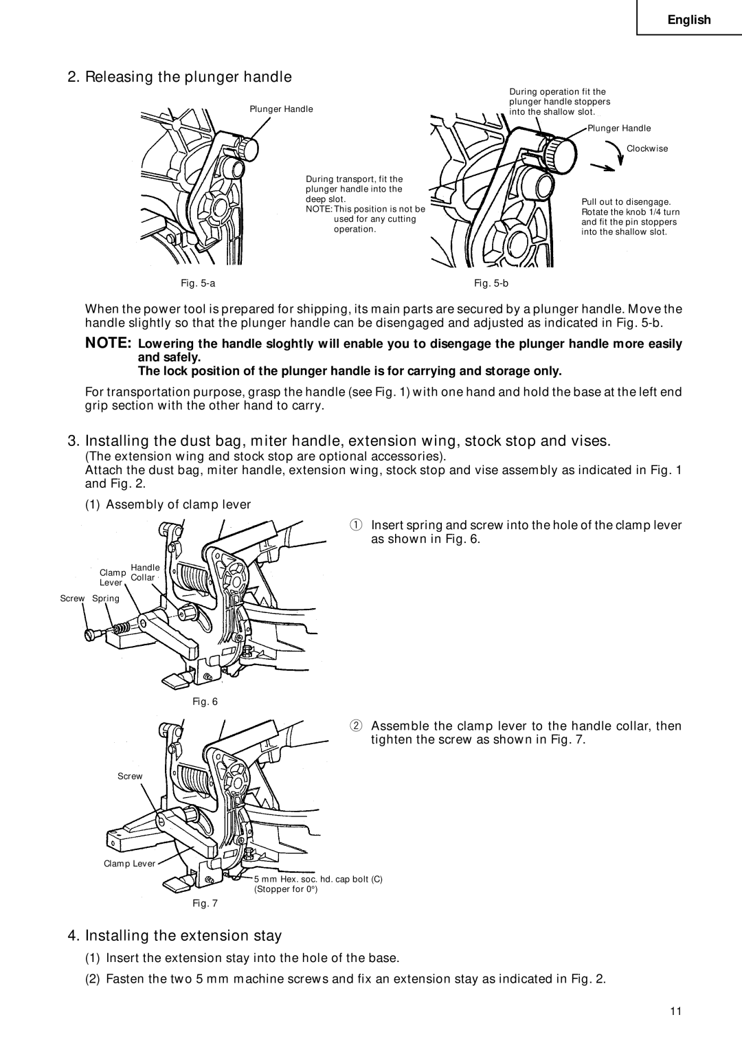 Hitachi C 10FCD instruction manual Releasing the plunger handle, Installing the extension stay 