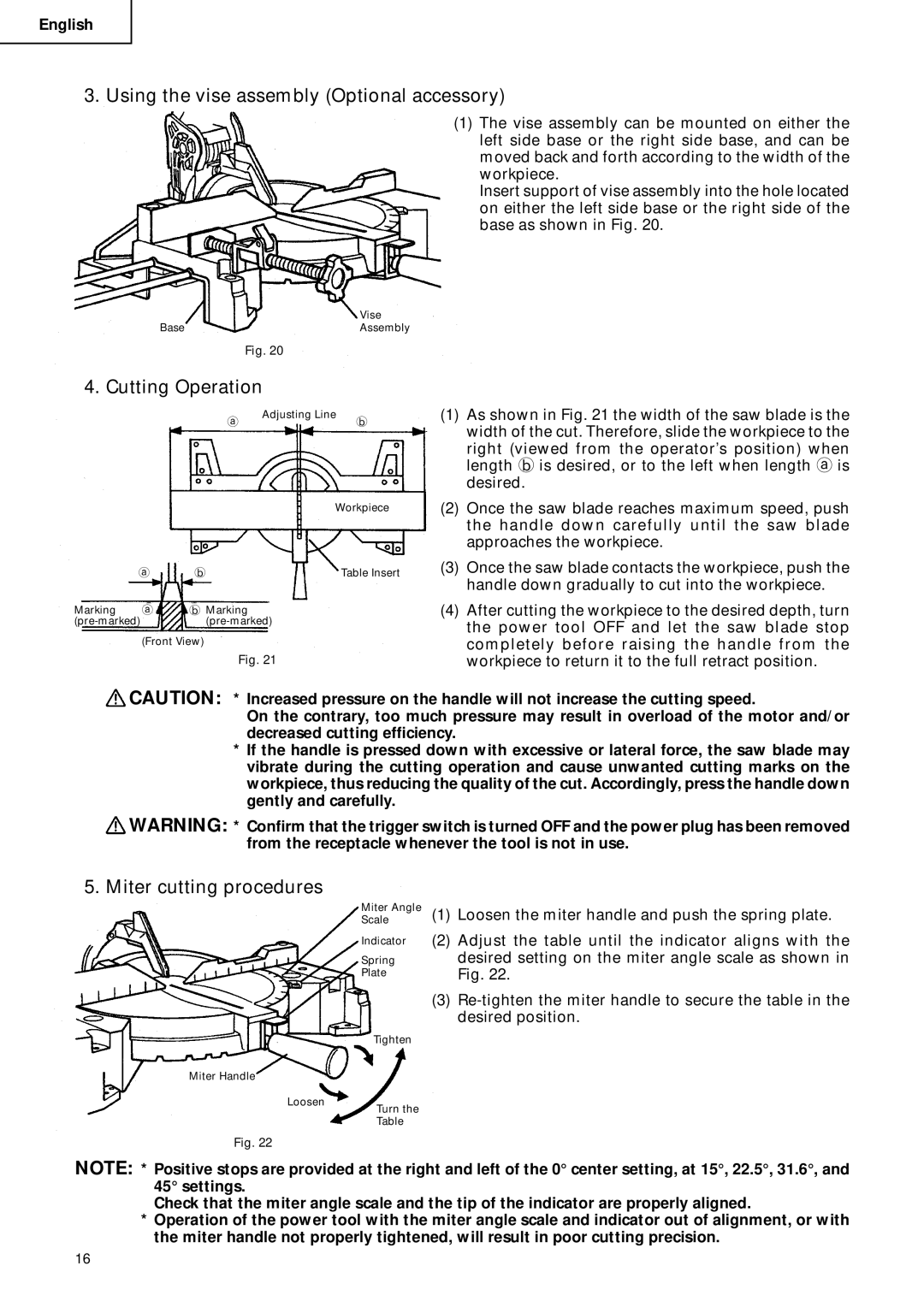 Hitachi C 10FCD instruction manual Using the vise assembly Optional accessory, Cutting Operation, Miter cutting procedures 