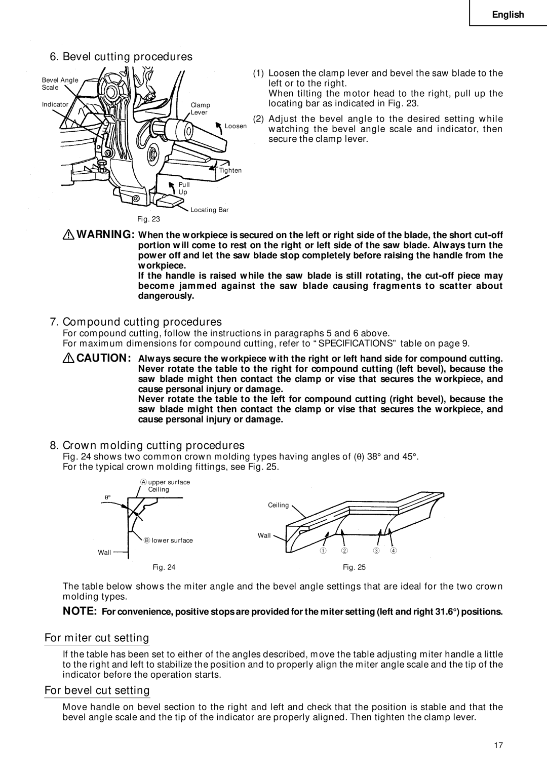 Hitachi C 10FCD instruction manual Bevel cutting procedures, Compound cutting procedures, Crown molding cutting procedures 