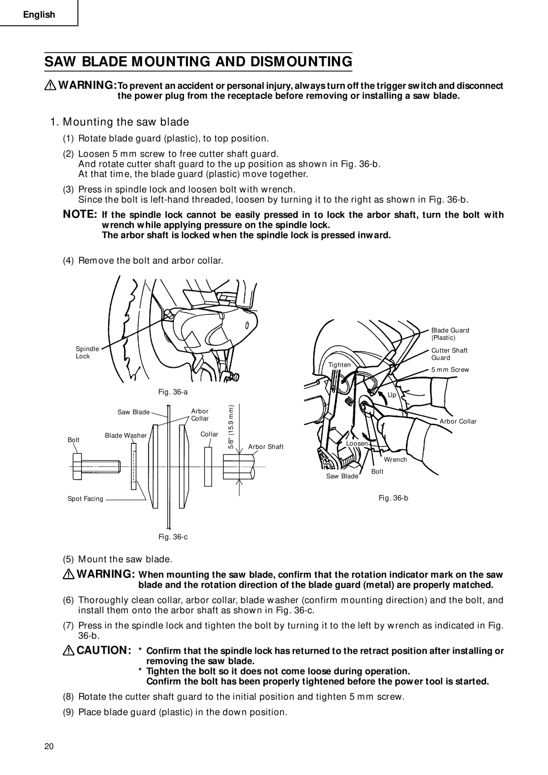 Hitachi C 10FCD instruction manual SAW Blade Mounting and Dismounting, Mounting the saw blade 