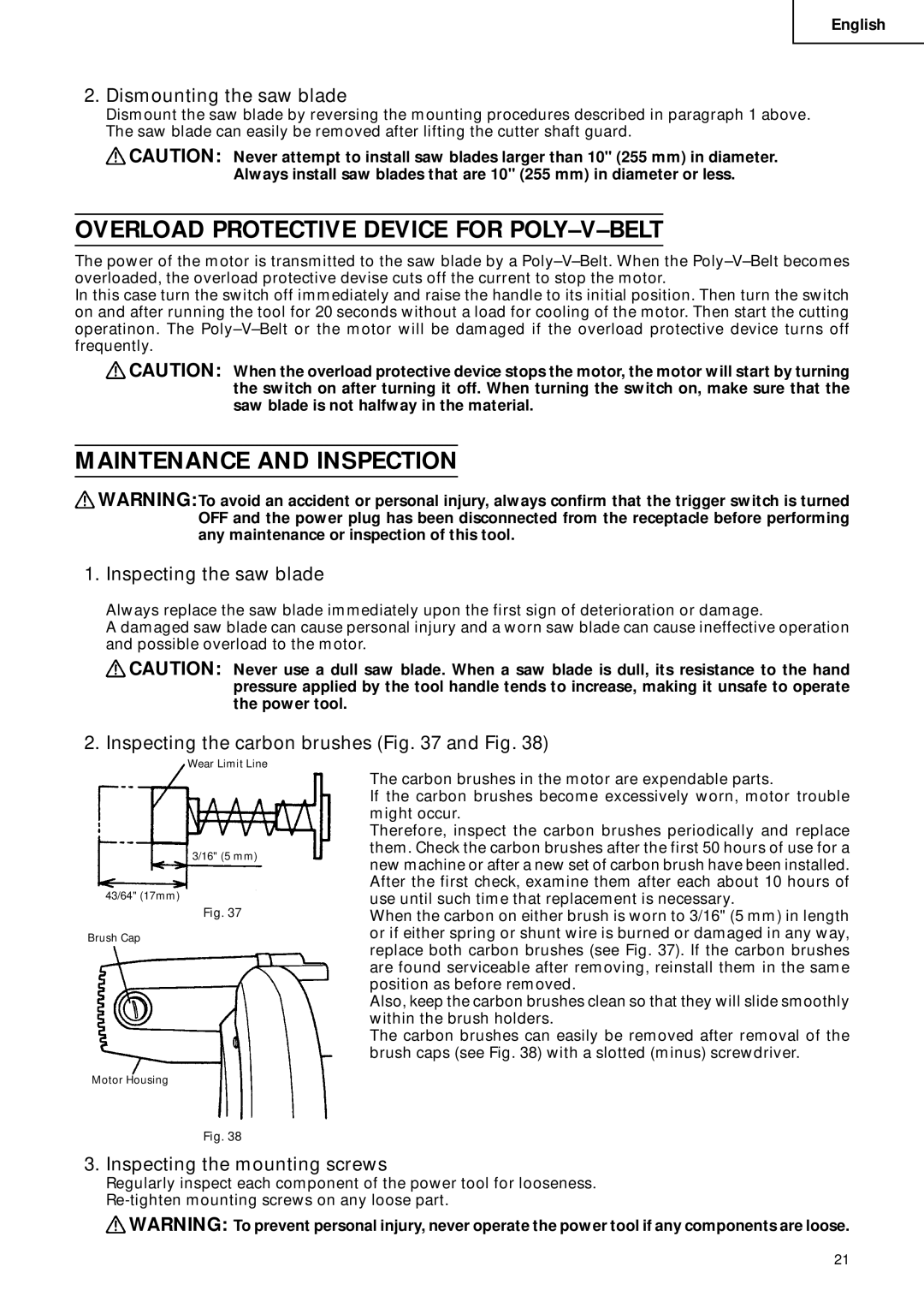 Hitachi C 10FCD instruction manual Overload Protective Device for POLY-V-BELT, Maintenance and Inspection 