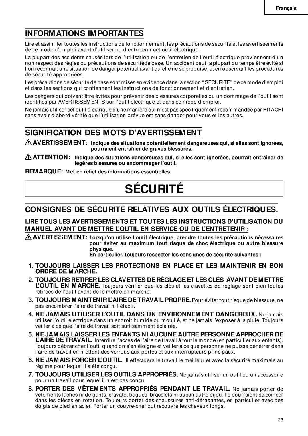 Hitachi C 10FCD instruction manual Informations Importantes, Signification DES Mots D’AVERTISSEMENT 