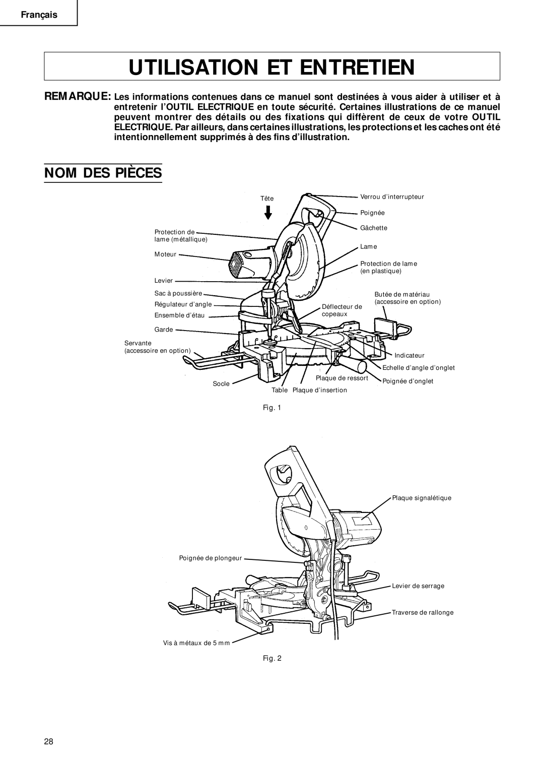 Hitachi C 10FCD instruction manual Utilisation ET Entretien, NOM DES Pièces 