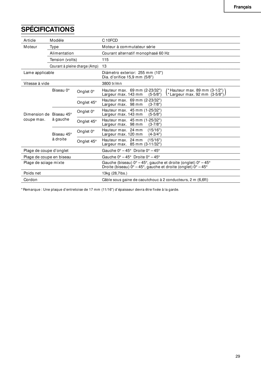 Hitachi C 10FCD instruction manual Spécifications, Cordon 