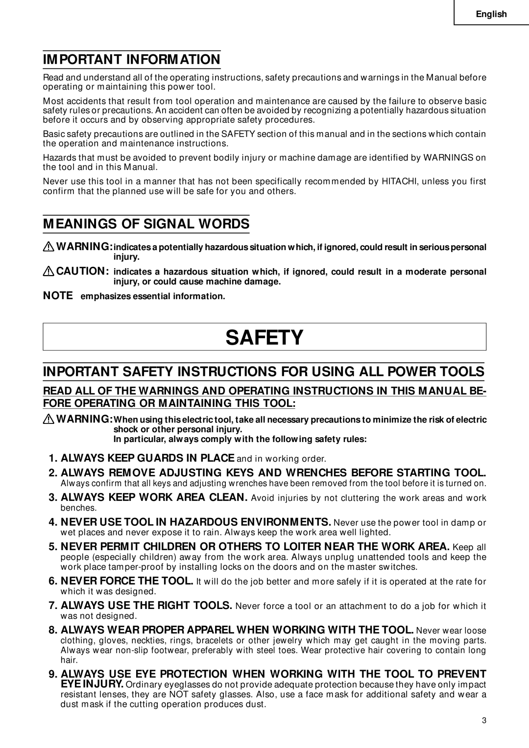 Hitachi C 10FCD Important Information, Meanings of Signal Words, Inportant Safety Instructions for Using ALL Power Tools 