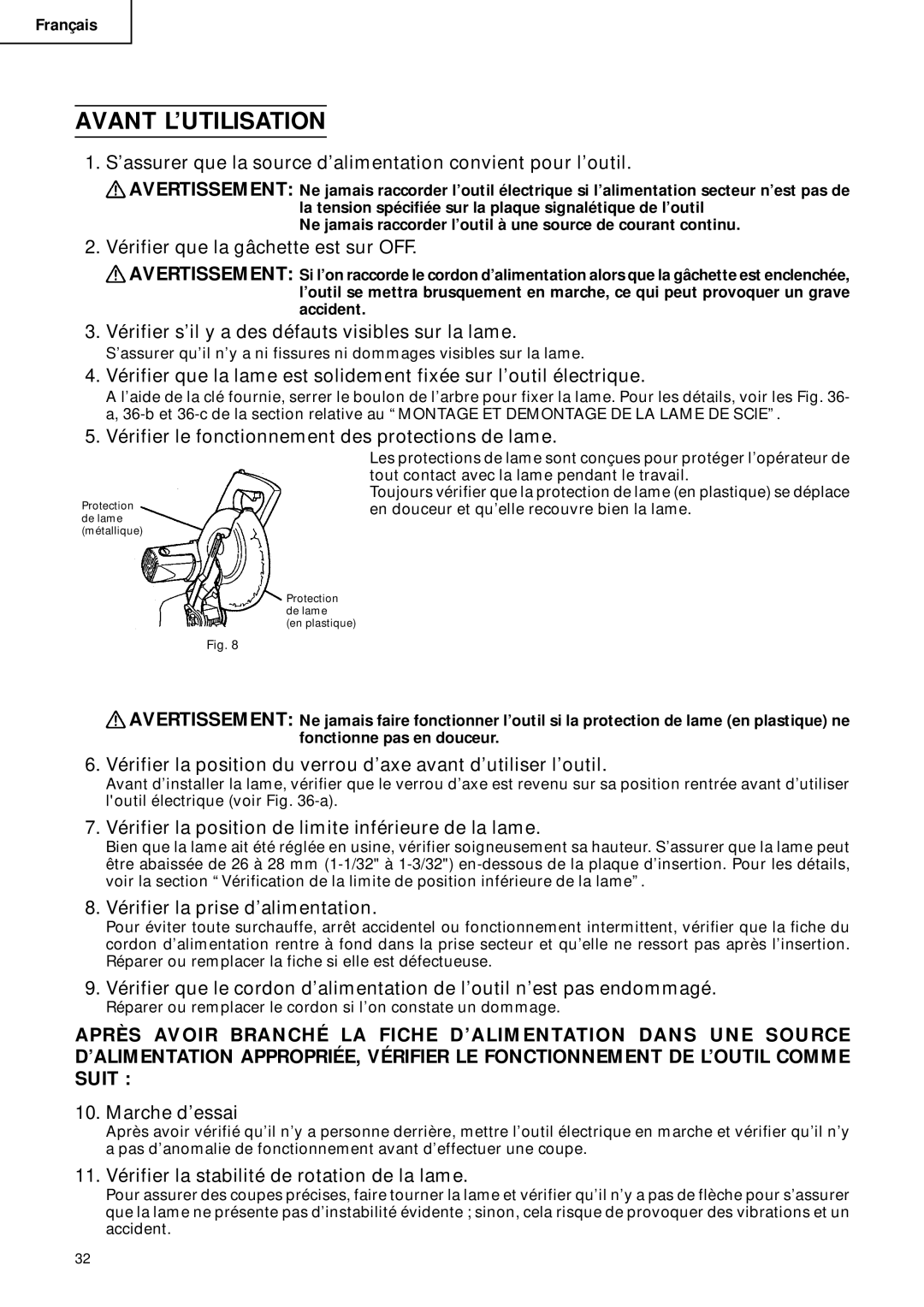 Hitachi C 10FCD instruction manual Avant L’UTILISATION 