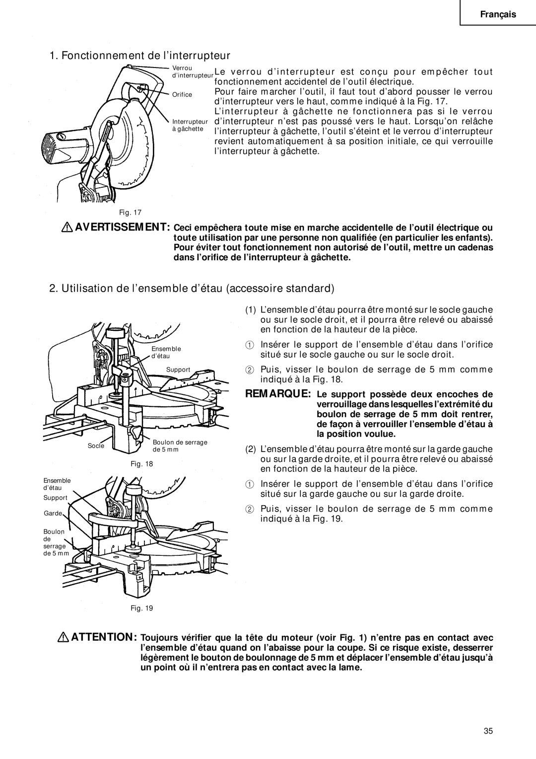 Hitachi C 10FCD instruction manual Fonctionnement de l’interrupteur, Utilisation de l’ensemble d’étau accessoire standard 